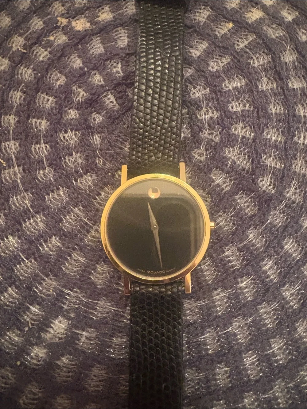 Movado Black Dial Gold Case Leather Strap Watch with Box